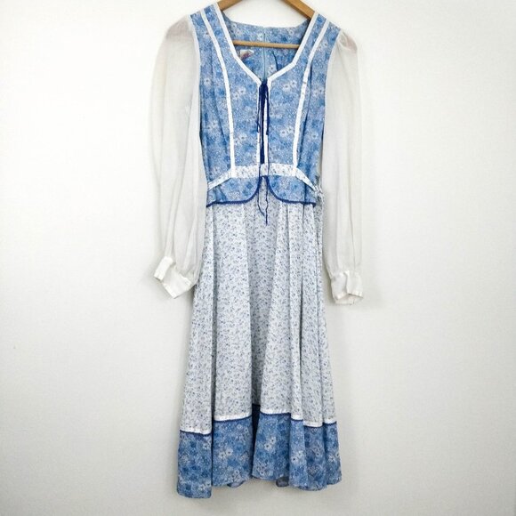 Candi Jones Blue Floral Corset Peplum Peasant Sleeve Midi Dress Small - Picture 1 of 11